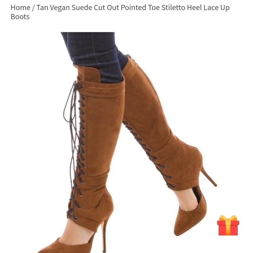 Tan Vegan Suede Cut Out Stiletto Heel Boots